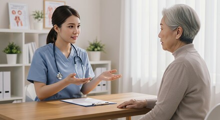 Fototapeta premium Young Female Doctor Explaining Treatment Options To Senior Woman In Blue Scrubs In a Softly Lit Treatment Room On Wooden Desk