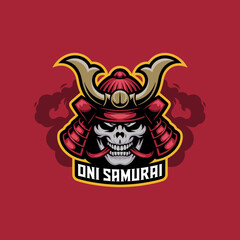 Oni Samurai Skull Head Mascot with Traditional Helmet and Text