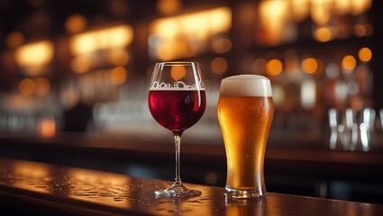 Glass of Red Wine and Pints of Beer on Bar Counter with Blurred Liquor Bottles in Background