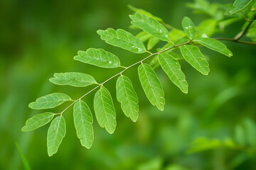 "Fresh Green Curry Leaves on Natural Background - Herbal Plant Closeup"