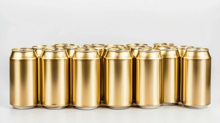 Group of 330 ml aluminum cans in gold color, standing together on a white background.