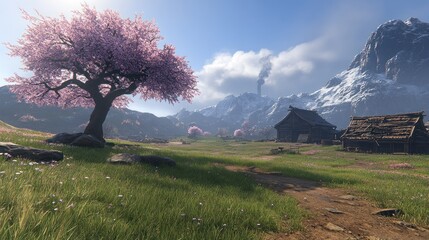Serene mountain village bathed in sunlight, with cherry blossoms
