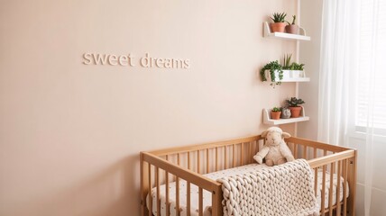 A little baby girl in a white dress sits comfortably on a bed in a cozy bedroom at home