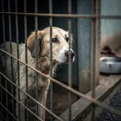 stray dog confined in a rusty cage at an animal shelter, looking sad and hungry, abandoned behind the old grid, waiting for shelter care and rescue aid	