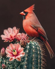 Detailed watercolor bird on cactus.