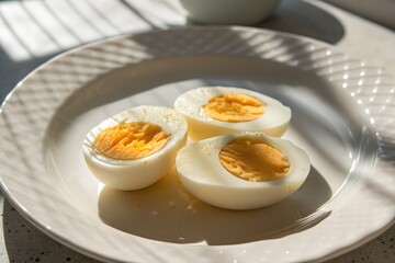 Two boiled eggs sliced in half on a white ceramic plate, soft shadow.