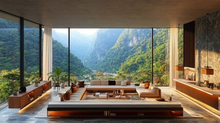 Modern, minimalist living room with panoramic mountain views.  
