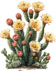 Eerie cactus illustration, red yellow blooms.