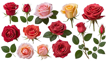 Colorful assortment of roses in various shades with green leaves, perfect for floral designs and decorations.