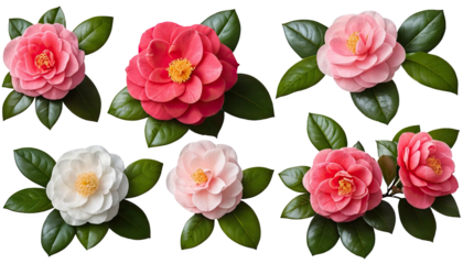 Colorful camellia flowers with green leaves on a white isolate background.