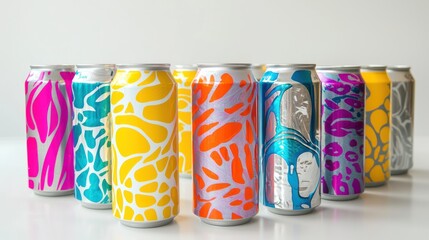 Group of aluminum cans with bright vibrant color labels on a white background.