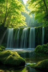 Japanese mossy forest, waterfall scene.