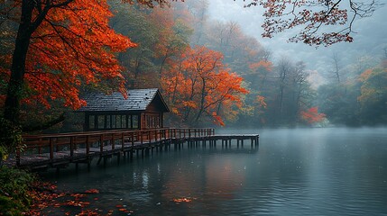 Fototapeta premium Autumn Lake with Pier and Fog in Forest