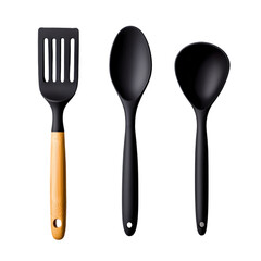 Black silicone kitchen utensils set with wooden handle including spatula, spoon and ladle