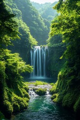 Lush, misty Japanese waterfall.