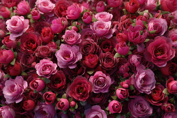 Fototapeta premium Vibrant Floral Tapestry: A dense, captivating display of crimson and rosy-hued roses, creating a stunning visual feast of floral beauty and intricate details.