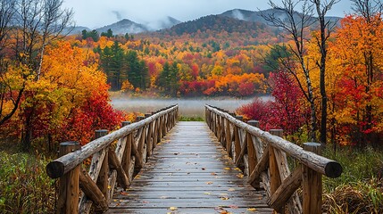 Walking Wooden Bridge Across Lake in Autumn Foliage Landscape