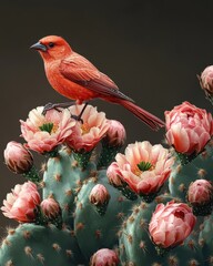 Natural light: red bird, cactus.