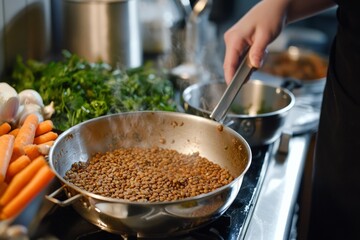 A cooking scene with lentils simmering and vegetables roasting. A person stirs while checking a prep schedule. The mood is peaceful and organized