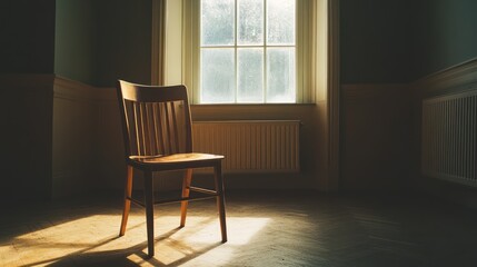 Sunlight illuminates an antique wooden chair in an empty room.