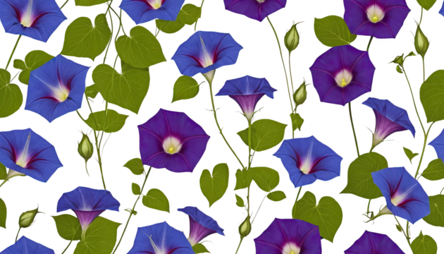 Vibrant patterns of blue and purple morning glory flowers with green leaves on a black background.