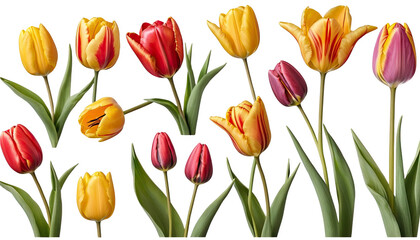 Fototapeta premium Vibrant tulip flowers in assorted colors on a white isolated background.