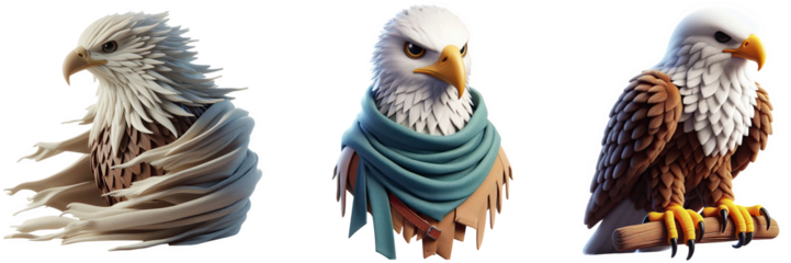 Three stylized eagle figurines with different textures and decorative elements shown