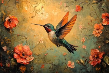 Painted hummingbird, vibrant floral art.