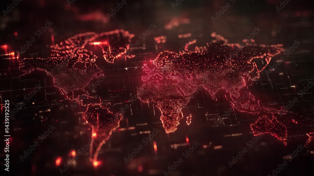Wall mural global network digital world map red technology abstract background data dots dark grid globe earth
