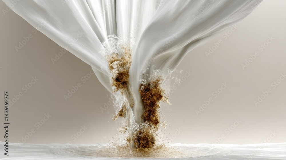 Poster dynamic flow of sand through white fabric creating abstract shapes and textures in a captivating vis
