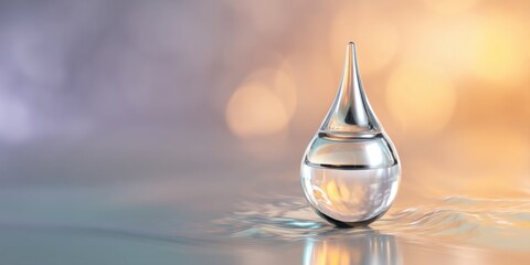 Fototapeta premium Water droplet on reflective surface with colorful background during golden hour