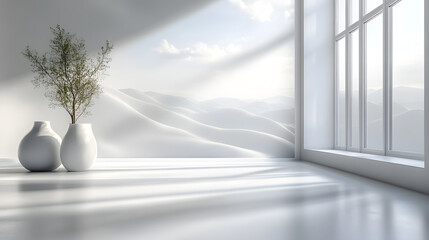 Serene minimalist interior design bright room nature elements pure white background tranquil view