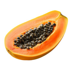 Freshly cut ripe papaya fruit on a clean transparent background showcasing vibrant orange flesh and black seeds, Piece of ripe papaya fruit on transparent background