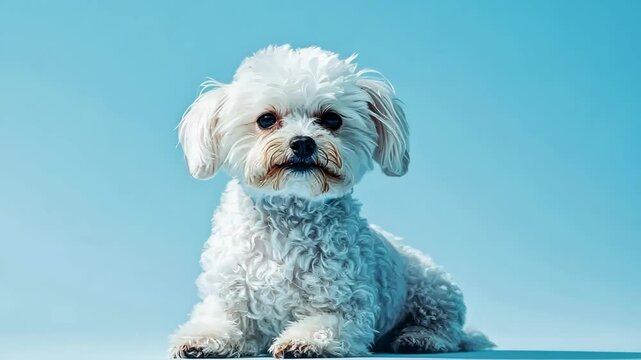 Cute maltese dog sitting calmly and turning head on light blue background