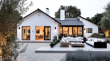 Exterior view of a modern white house with black trim and outdoor patio furniture