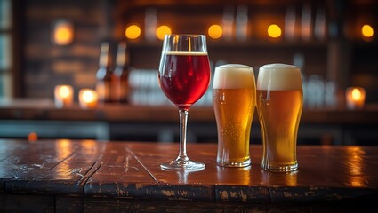 Glass of Red Wine and Pints of Beer on Bar Counter with Blurred Liquor Bottles in Background