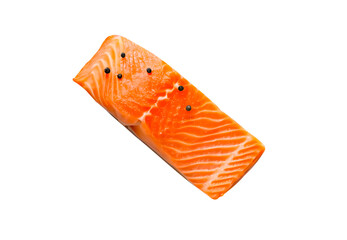 Top view photo of a fillet or piece of raw salmon meat with pepper or spices prepared for cooking isolated and generated with AI in png file format