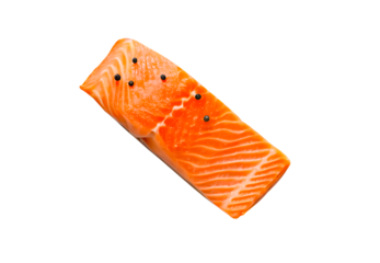 Top view photo of a fillet or piece of raw salmon meat with pepper or spices prepared for cooking isolated and generated with AI in png file format
