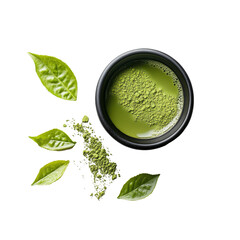Obraz premium Instant matcha green tea in black bowl with fresh leaves scattered around for a natural and inviting presentation, instant matcha green tea in black bowl and leaf on transparent background