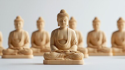 Group of Buddha statues with simple lines and modern design on white background.