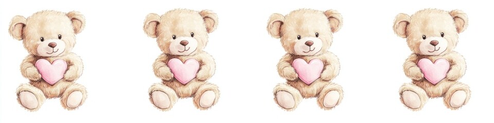 Obraz premium Four Adorable Teddy Bears Holding Pink Hearts