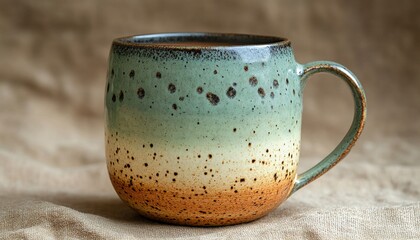 A ceramic mug with a green to brown gradient is resting on a neutral fabric. Use this picture for your blog, social media, or your advertising needs.