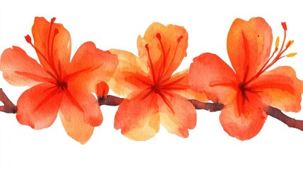 Watercolor illustration of three vibrant orange flowers on a branch