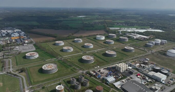 petroleum, gas, industrial storage silos, along the Wesel Datteln canal, Bucholtwelmen, Hunxe, Germany. Aerial view.