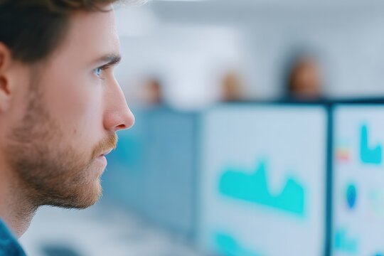 minimalistic scene showing man closely observing multiple colorful computer monitors displaying various data with intense