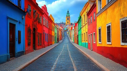 Obraz premium Colorful cobblestone street ascends toward distant clocktower