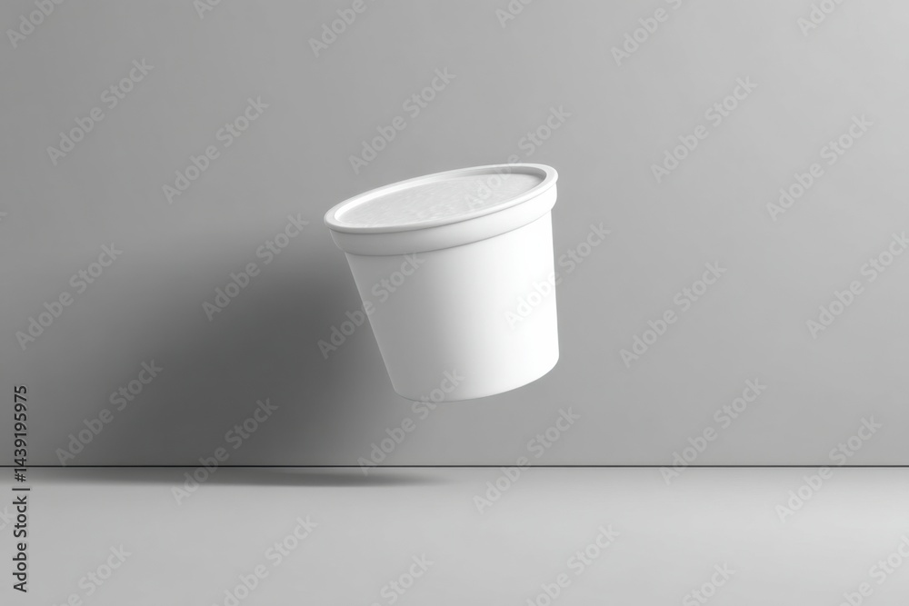 Poster floating white container against a gray background with soft lighting and shadows that emphasize its