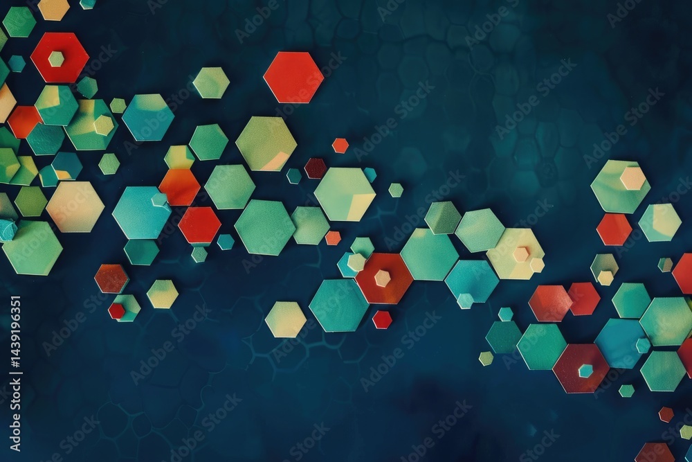 Poster geometric hexagon shapes in green and red on a dark background. 3d abstract design with depth and pe