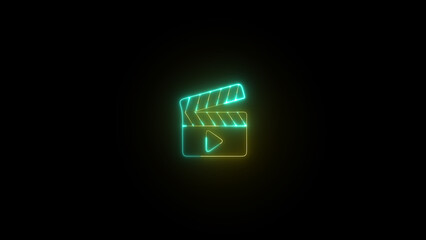 Neon Board clapperboard and play button icon. Glowing movie clapper board icon.