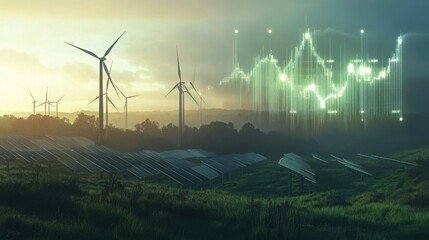 Wind turbines and solar panels in a green field with a rising financial chart overlay in the sky